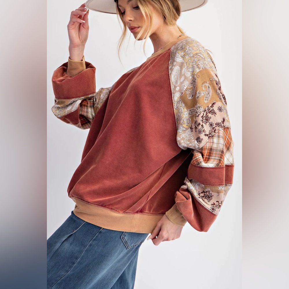 Easel Cherrywood Velour Mixed Print Long Sleeve Top